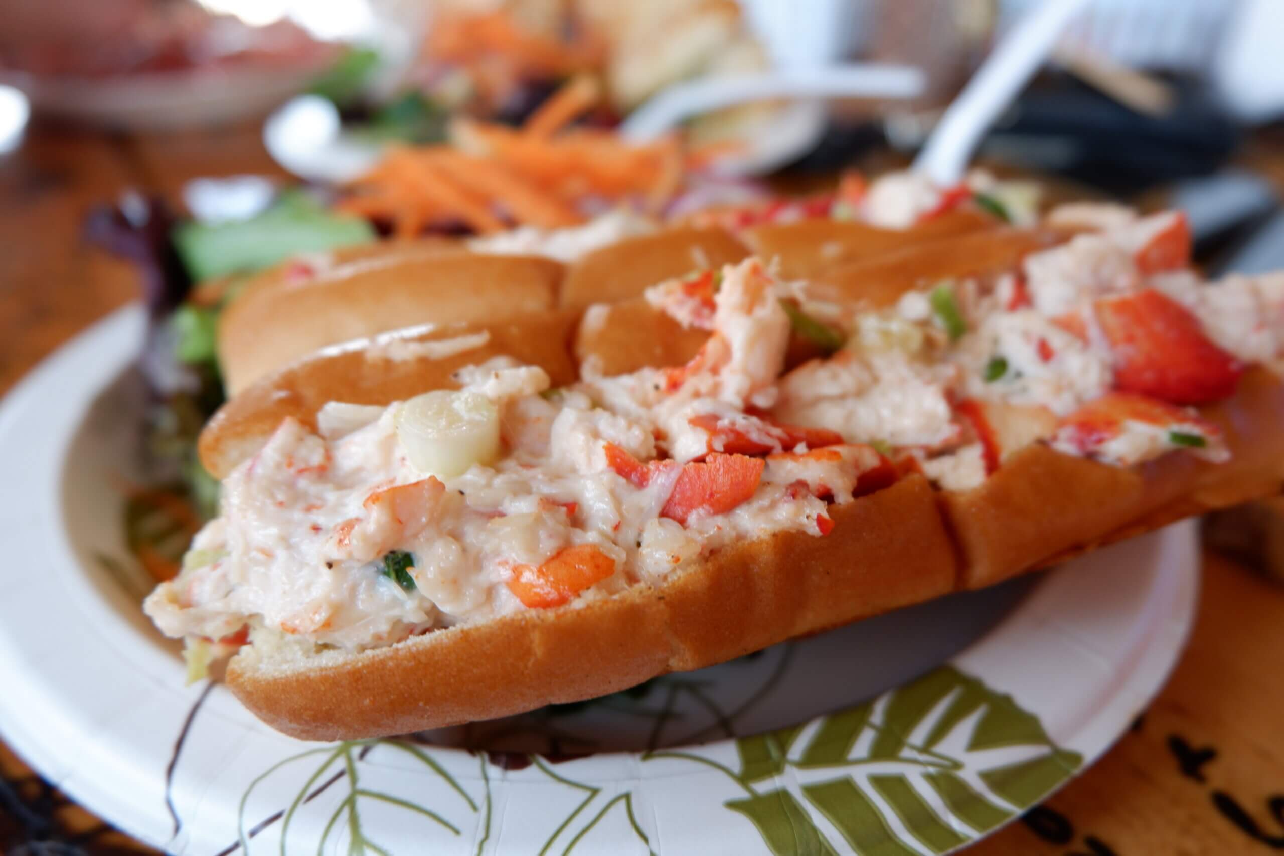 A traditional lobster roll on a hot dog bun in New Brunswick.