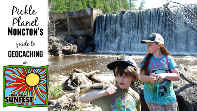 beginners guide to geocaching at riverview's sunfest pickle planet children in front of mill creek dam waterfall
