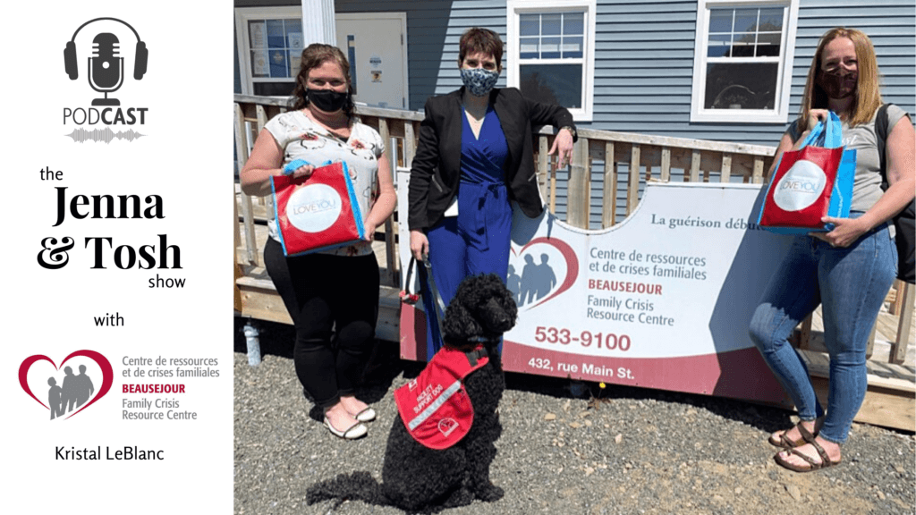 jenna morton kristal leblanc la belle marielle trauma service dog and tosh taylor standing with shoppers drug mart swag bags for the run for women fundraiser for the beausejour family resource crisis centre