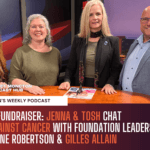 co-hosts tosh taylor jenna morton standing at studio desk with guests katherine robertson gilles allain discussing nb ride against cancer 2024